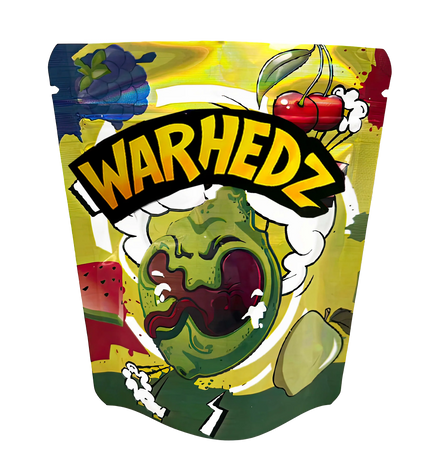 Mylar Bags Colorful packaging of Warhedz with a cartoonish character on a white background