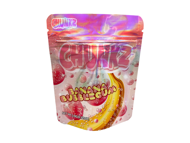 3.5G Mylar Bags, herb Mylar Bags, Where to buy mylar bags, Custom mylar bags near me, Mylar Bags Wholesale. Packaged candy labeled 'Chunkz Banana Bubblegum' on a white background
