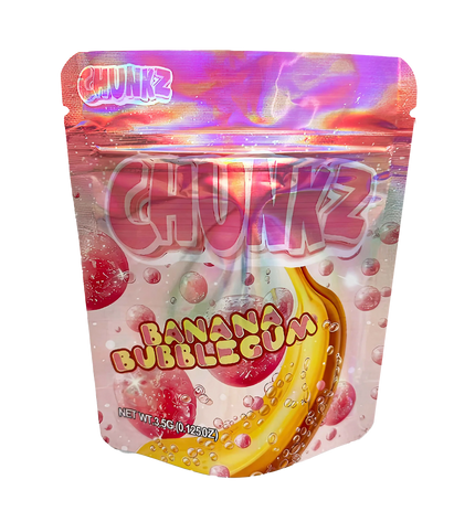 3.5G Mylar Bags, herb Mylar Bags, Where to buy mylar bags, Custom mylar bags near me, Mylar Bags Wholesale. Packaged candy labeled 'Chunkz Banana Bubblegum' on a white background