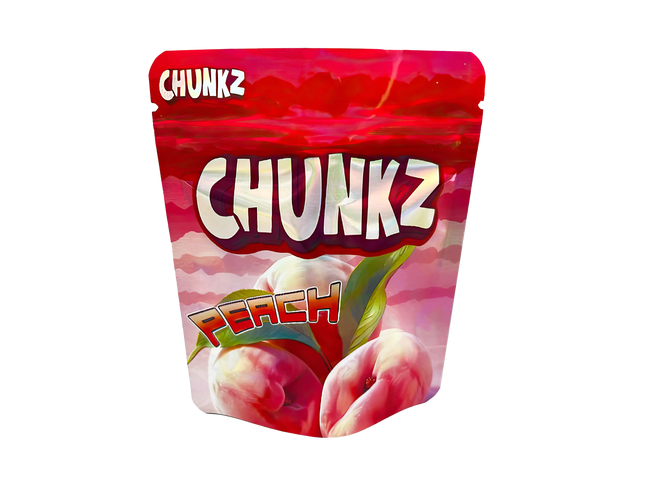 3.5G Mylar Bags, herb Mylar Bags, Where to buy mylar bags, Custom mylar bags near me, Mylar Bags Wholesale. Packaged snack with 'Chunkz' branding and peach flavor on a white background
