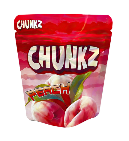 3.5G Mylar Bags, herb Mylar Bags, Where to buy mylar bags, Custom mylar bags near me, Mylar Bags Wholesale. Packaged snack with 'Chunkz' branding and peach flavor on a white background