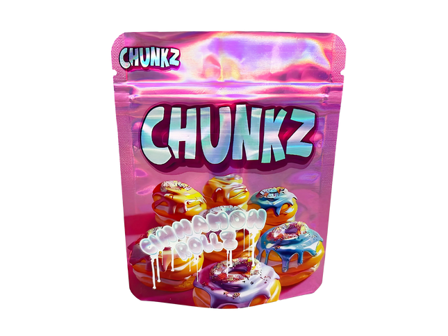 3.5G Mylar Bags, herb Mylar Bags, Where to buy mylar bags, Custom mylar bags near me, Mylar Bags Wholesale. Packaging of Chunkz candy with colorful donut-shaped candies on a white background