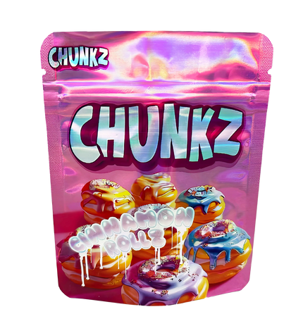 3.5G Mylar Bags, herb Mylar Bags, Where to buy mylar bags, Custom mylar bags near me, Mylar Bags Wholesale. Packaging of Chunkz candy with colorful donut-shaped candies on a white background