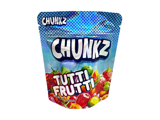 3.5G Mylar Bags, herb Mylar Bags, Where to buy mylar bags, Custom mylar bags near me, Mylar Bags Wholesale. Packaging of Chunkz Tutti Frutti candy on a white background