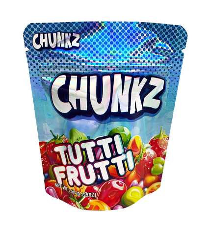 3.5G Mylar Bags, herb Mylar Bags, Where to buy mylar bags, Custom mylar bags near me, Mylar Bags Wholesale. Packaging of Chunkz Tutti Frutti candy on a white background