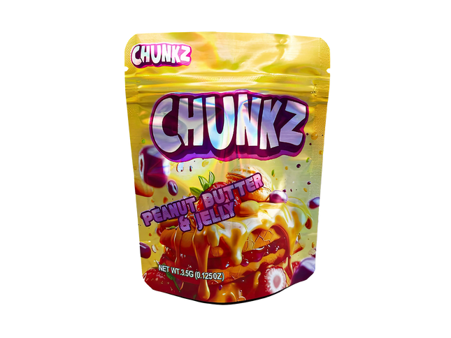 3.5G Mylar Bags, herb Mylar Bags, Where to buy mylar bags, Custom mylar bags near me, Mylar Bags Wholesale. Packaging of Chunkz Peanut Butter & Jelly snack on a white background
