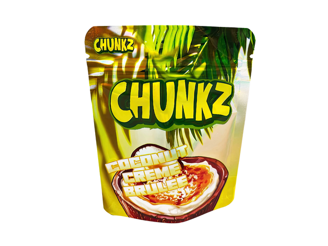 3.5G Mylar Bags, herb Mylar Bags, Where to buy mylar bags, Custom mylar bags near me, Mylar Bags Wholesale. Packaging of Chunkz Coconut Creme Brulee flavor with tropical leaf design