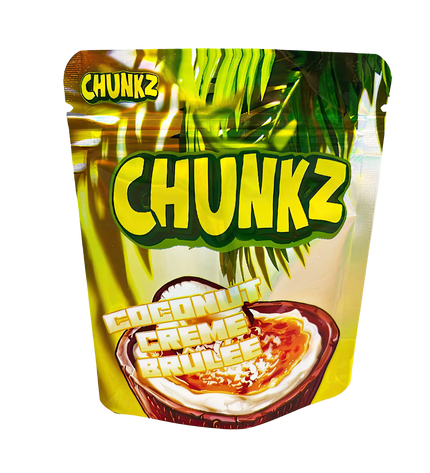3.5G Mylar Bags, herb Mylar Bags, Where to buy mylar bags, Custom mylar bags near me, Mylar Bags Wholesale. Packaging of Chunkz Coconut Creme Brulee flavor with tropical leaf design