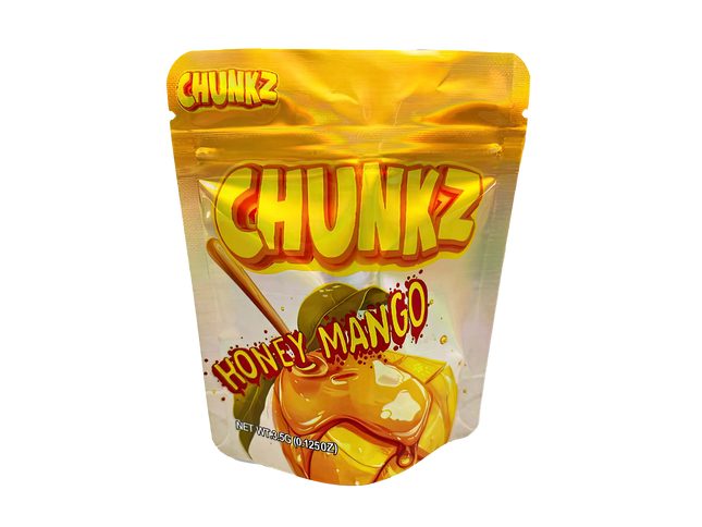 3.5G Mylar Bags, herb Mylar Bags, Where to buy mylar bags, Custom mylar bags near me, Mylar Bags Wholesale. Packaged snack labeled 'Chunkz Honey Mango' on a white background