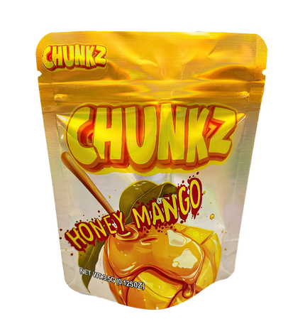 3.5G Mylar Bags, herb Mylar Bags, Where to buy mylar bags, Custom mylar bags near me, Mylar Bags Wholesale. Packaged snack labeled 'Chunkz Honey Mango' on a white background