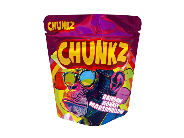 3.5G Mylar Bags, herb Mylar Bags, Where to buy mylar bags, Custom mylar bags near me, Mylar Bags Wholesale. Colorful packaging of Chunkz Rainbow Monkey Marshmallow on a white background
