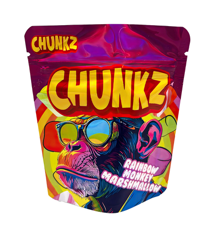 3.5G Mylar Bags, herb Mylar Bags, Where to buy mylar bags, Custom mylar bags near me, Mylar Bags Wholesale. Colorful packaging of Chunkz Rainbow Monkey Marshmallow on a white background