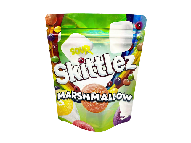 Mylar Bags Packaging of Sour Skittles Marshmallow on a white background