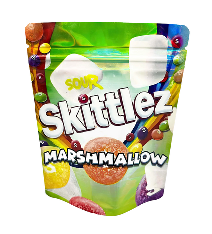 Mylar Bags Packaging of Sour Skittles Marshmallow on a white background
