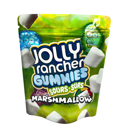 3.5G Mylar Bags, herb Mylar Bags, Where to buy mylar bags, Custom mylar bags near me, Mylar Bags Wholesale. Jolly Rancher Gummies Sours Marshmallow package on a white background
