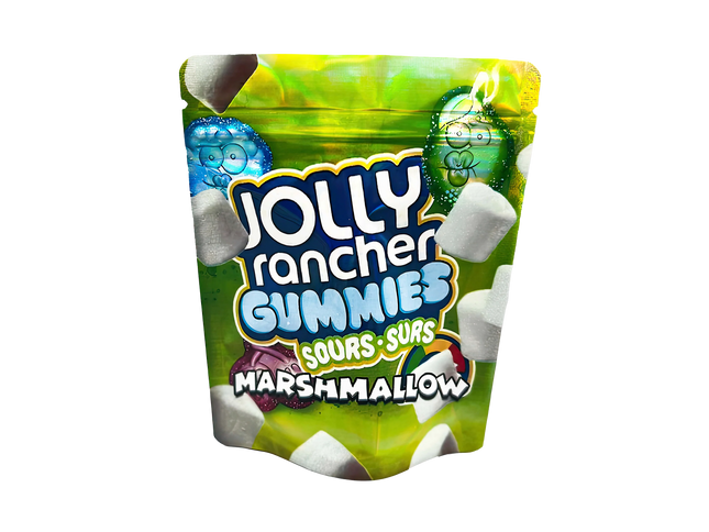 3.5G Mylar Bags, herb Mylar Bags, Where to buy mylar bags, Custom mylar bags near me, Mylar Bags Wholesale. Jolly Rancher Gummies Sours Marshmallow package on a white background