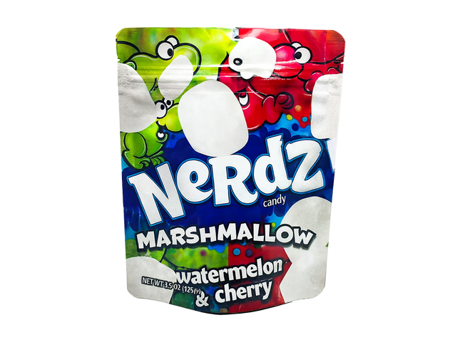 Mylar Bags Colorful packaging of Nerdz candy with marshmallow characters on a white background