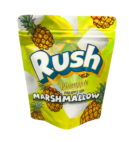 Mylar Bags Packaged marshmallows with 'Rush' branding and pineapple graphics on a white background