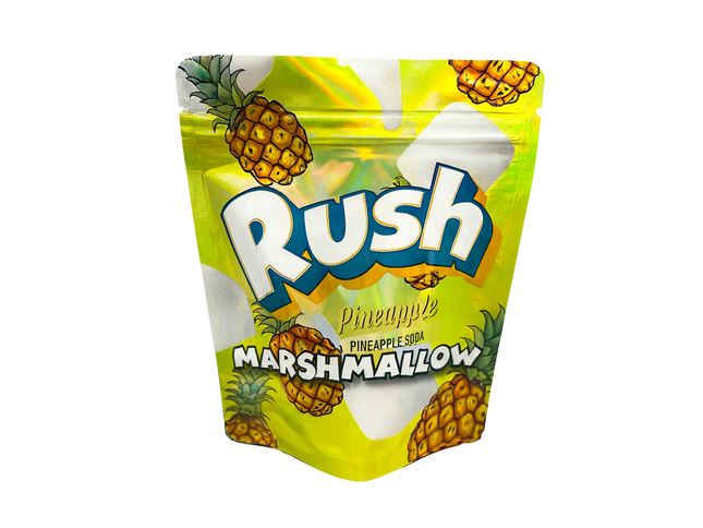 Mylar Bags Packaged marshmallows with 'Rush' branding and pineapple graphics on a white background