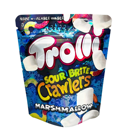 3.5G Mylar Bags, herb Mylar Bags, Where to buy mylar bags, Custom mylar bags near me, Mylar Bags Wholesale. Trolli Sour Brite Crawlers Marshmallow package on a white background