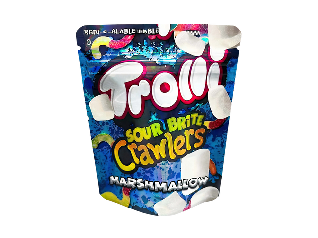 3.5G Mylar Bags, herb Mylar Bags, Where to buy mylar bags, Custom mylar bags near me, Mylar Bags Wholesale. Trolli Sour Brite Crawlers Marshmallow package on a white background