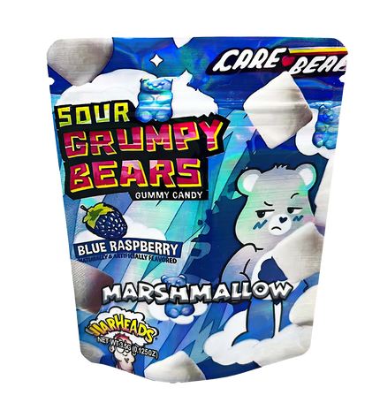 3.5G Mylar Bags, herb Mylar Bags, Where to buy mylar bags, Custom mylar bags near me, Mylar Bags Wholesale. Packaging of Sour Grumpy Bears gummy candy with blue raspberry flavor, featuring Care Bears branding.