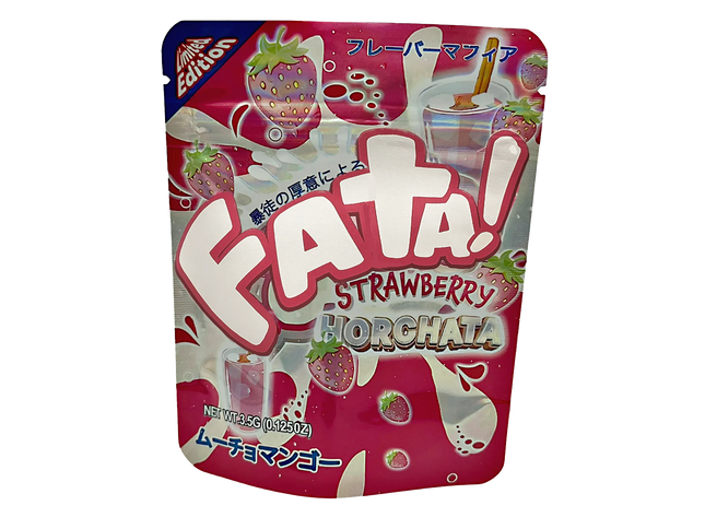 50 Pack 3.5g Unique Mylar Bags – Strawberry Horchata Graphic