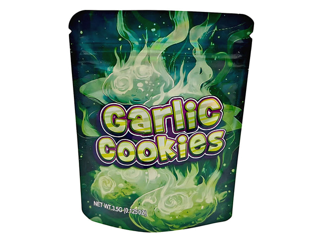 50 Pack 3.5g Unique Mylar Bags – Garlic Cookie Graphic