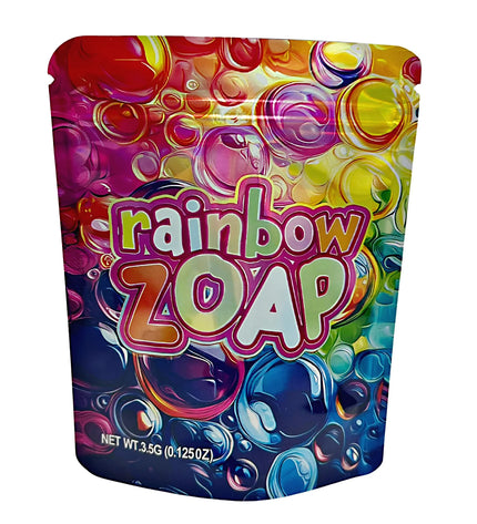 3.5G Mylar Bags, herb Mylar Bags, Where to buy mylar bags, Custom mylar bags near me, Mylar Bags Wholesale. Colorful packaging of Rainbow Zoap with bubble design on a white background