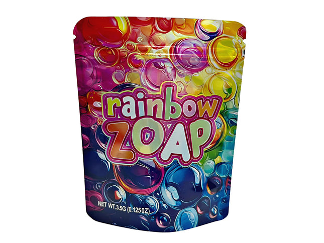 3.5G Mylar Bags, herb Mylar Bags, Where to buy mylar bags, Custom mylar bags near me, Mylar Bags Wholesale. Colorful packaging of Rainbow Zoap with bubble design on a white background