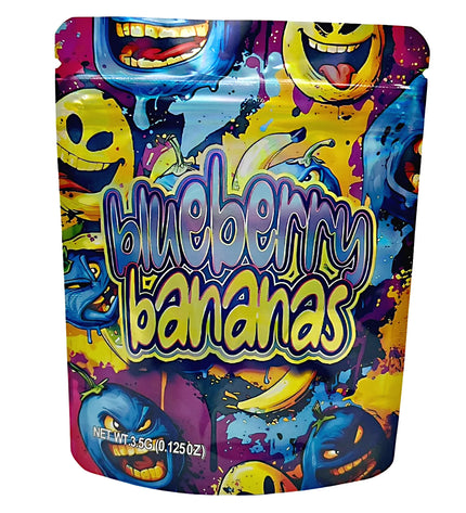 3.5G Mylar Bags, herb Mylar Bags, Where to buy mylar bags, Custom mylar bags near me, Mylar Bags Wholesale. Colorful packaging of 'Blueberry Bananas' with cartoon characters on a white background