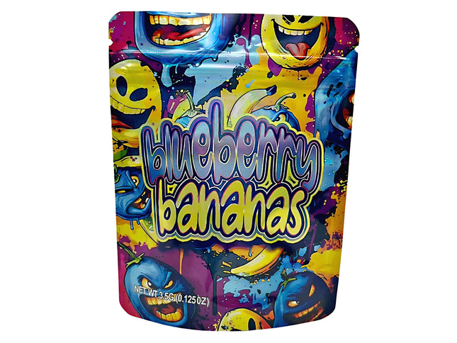 3.5G Mylar Bags, herb Mylar Bags, Where to buy mylar bags, Custom mylar bags near me, Mylar Bags Wholesale. Colorful packaging of 'Blueberry Bananas' with cartoon characters on a white background