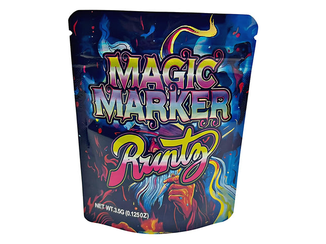 3.5G Mylar Bags, herb Mylar Bags, Where to buy mylar bags, Custom mylar bags near me, Mylar Bags Wholesale. Colorful packaging of Magic Marker Runts with vibrant text and abstract designs.