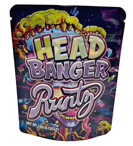 3.5G Mylar Bags, herb Mylar Bags, Where to buy mylar bags, Custom mylar bags near me, Mylar Bags Wholesale. Colorful packaging of 'Head Banger Runtz' with vibrant text and graphics on a dark background.