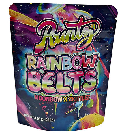 3.5G Mylar Bags, herb Mylar Bags, Where to buy mylar bags, Custom mylar bags near me, Mylar Bags Wholesale. Colorful packaging of Runtz Rainbow Belts with space-themed design