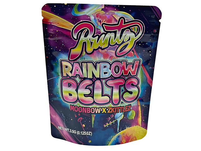 3.5G Mylar Bags, herb Mylar Bags, Where to buy mylar bags, Custom mylar bags near me, Mylar Bags Wholesale. Colorful packaging of Runtz Rainbow Belts with space-themed design