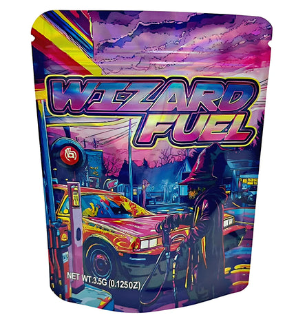 3.5G Mylar Bags, herb Mylar Bags, Where to buy mylar bags, Custom mylar bags near me, Mylar Bags Wholesale. Colorful packaging of 'Wizard Fuel' with a fantasy design featuring a wizard and car.