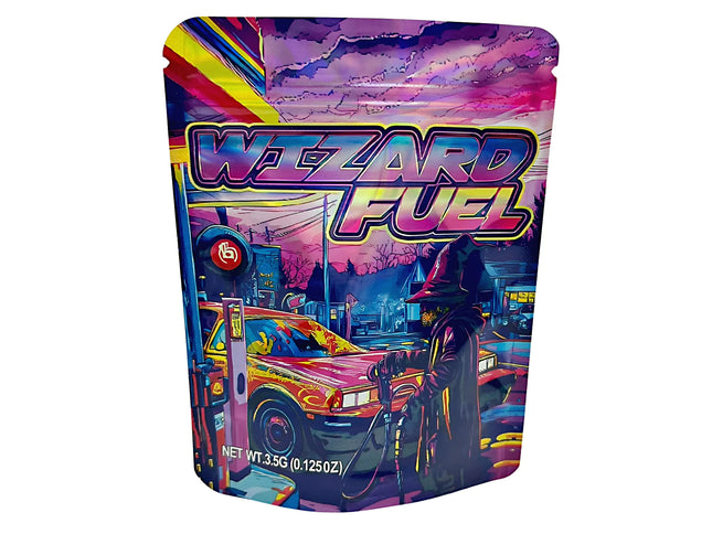 3.5G Mylar Bags, herb Mylar Bags, Where to buy mylar bags, Custom mylar bags near me, Mylar Bags Wholesale. Colorful packaging of 'Wizard Fuel' with a fantasy design featuring a wizard and car.