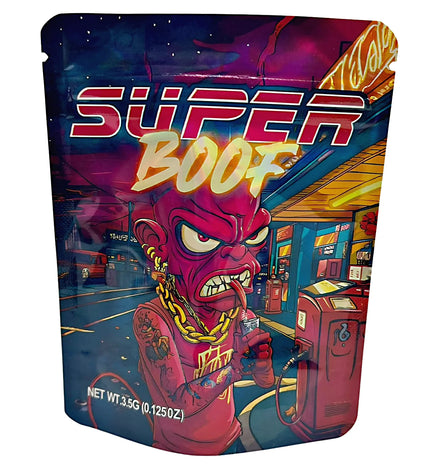 3.5G Mylar Bags, herb Mylar Bags, Where to buy mylar bags, Custom mylar bags near me, Mylar Bags Wholesale. Product packaging with a cartoon character and 'Super Boof' text on a colorful background
