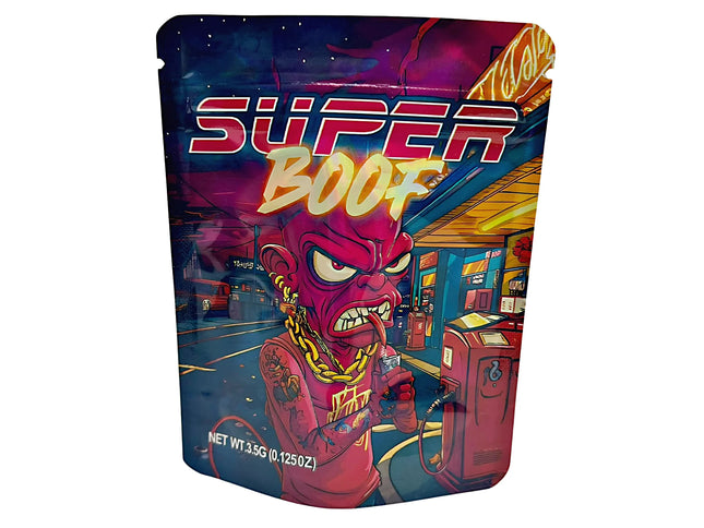 3.5G Mylar Bags, herb Mylar Bags, Where to buy mylar bags, Custom mylar bags near me, Mylar Bags Wholesale. Product packaging with a cartoon character and 'Super Boof' text on a colorful background