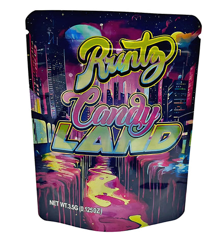 3.5G Mylar Bags, herb Mylar Bags, Where to buy mylar bags, Custom mylar bags near me, Mylar Bags Wholesale. Colorful packaging of Runtz Candy Land with a cityscape design on a white background