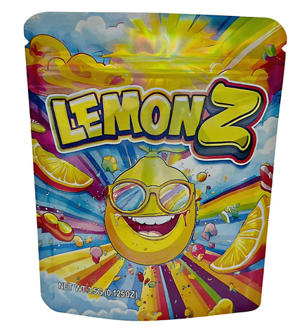 3.5G Mylar Bags, herb Mylar Bags, Where to buy mylar bags, Custom mylar bags near me, Mylar Bags Wholesale. Colorful packaging of Lemon Z candy with a lemon character wearing sunglasses.