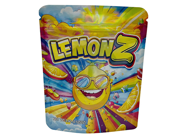 3.5G Mylar Bags, herb Mylar Bags, Where to buy mylar bags, Custom mylar bags near me, Mylar Bags Wholesale. Colorful packaging of Lemon Z candy with a lemon character wearing sunglasses.