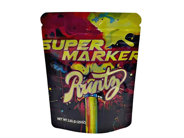 3.5G Mylar Bags, herb Mylar Bags, Where to buy mylar bags, Custom mylar bags near me, Mylar Bags Wholesale. Colorful packaging of Super Marker Runtz with vibrant graphics on a white background