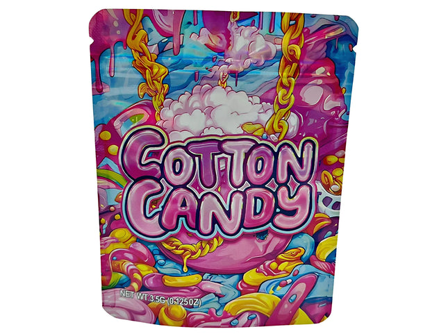 3.5G Mylar Bags, herb Mylar Bags, Where to buy mylar bags, Custom mylar bags near me, Mylar Bags Wholesale. Colorful packaging of Cotton Candy with vibrant graphics on a white background
