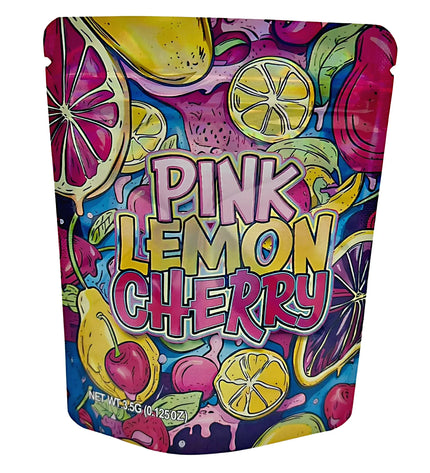 3.5G Mylar Bags, herb Mylar Bags, Where to buy mylar bags, Custom mylar bags near me, Mylar Bags Wholesale. Colorful packaging of 'Pink Lemon Cherry' with fruit illustrations on a white background