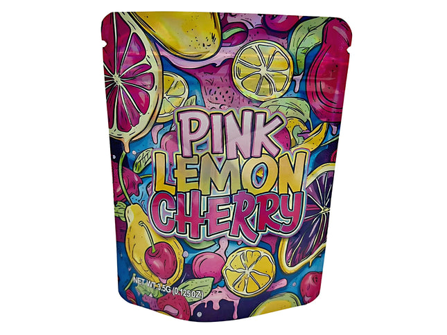 3.5G Mylar Bags, herb Mylar Bags, Where to buy mylar bags, Custom mylar bags near me, Mylar Bags Wholesale. Colorful packaging of 'Pink Lemon Cherry' with fruit illustrations on a white background