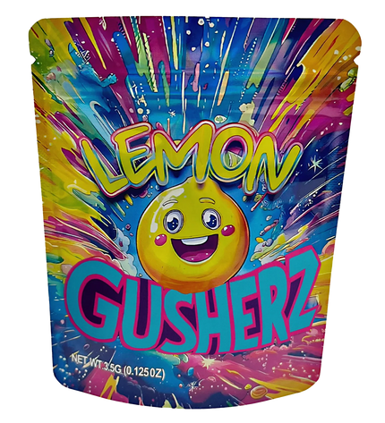 Mylar Bags Colorful packaging of Lemon Gusherz with a lemon character on a white background