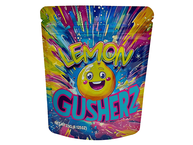 Mylar Bags Colorful packaging of Lemon Gusherz with a lemon character on a white background