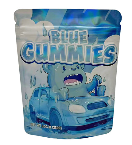3.5G Mylar Bags, herb Mylar Bags, Where to buy mylar bags, Custom mylar bags near me, Mylar Bags Wholesale. Blue gummies packaging with cartoon character and car illustration on a white background